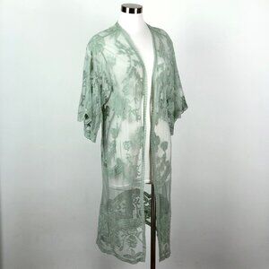 Anna Kaci Seafoam Embroided Lace Midi Robe Duster One Size Floral Feminine Sheer